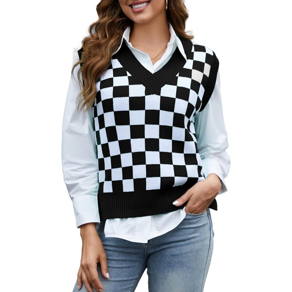 Women's Black White Checkered Sweater Vest Casual V-neck Pullover